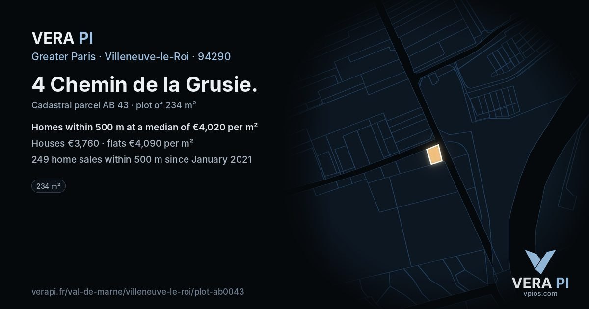 4 Chemin de la Grusie, Villeneuve-le-Roi at night – the plot lit, the parcels around coloured by the prices near them
