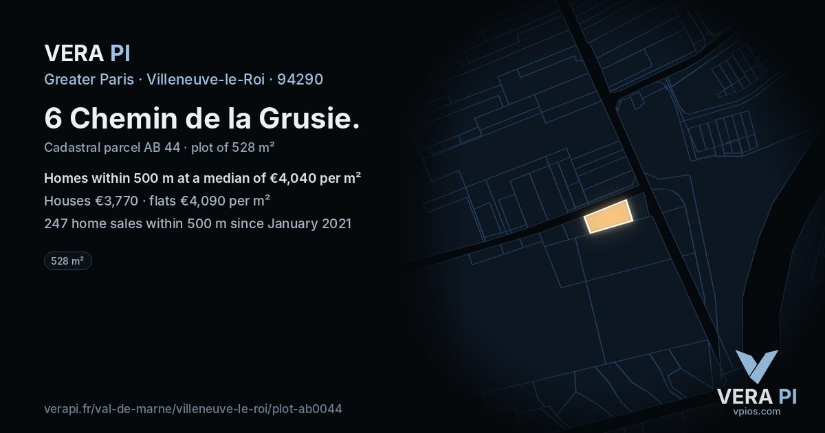 6 Chemin de la Grusie, Villeneuve-le-Roi at night – the plot lit, the parcels around coloured by the prices near them