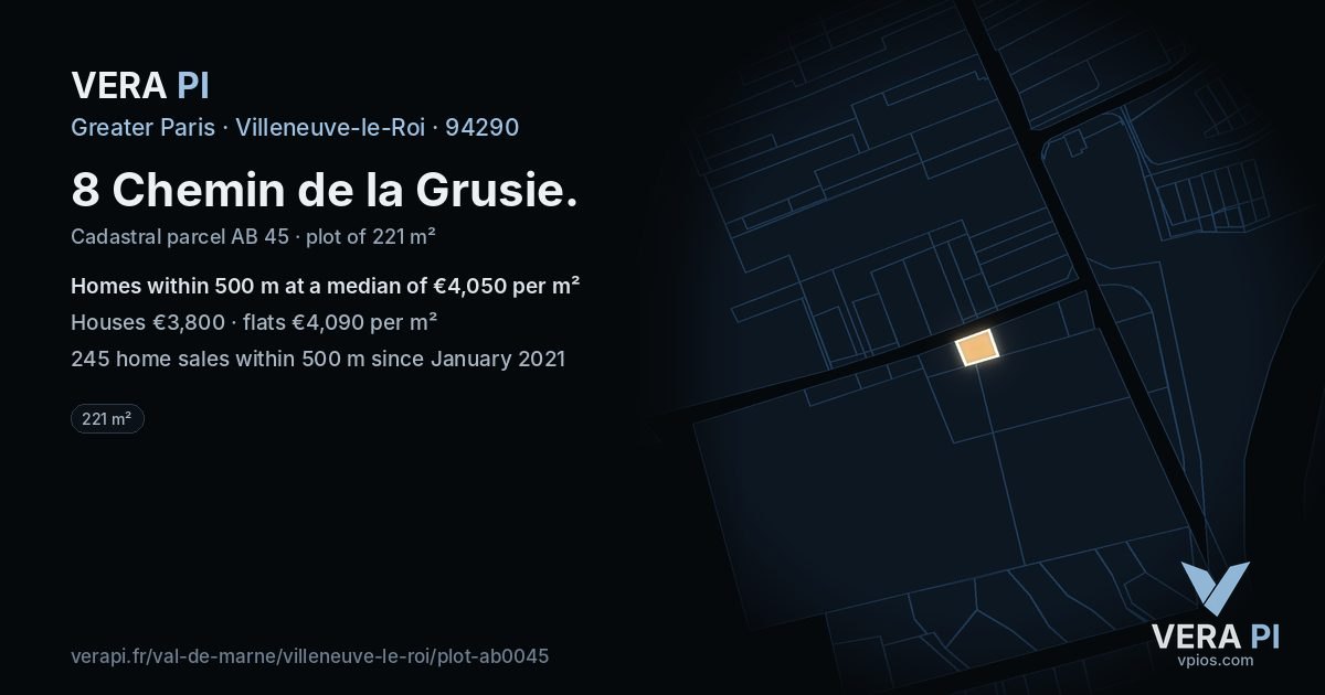 8 Chemin de la Grusie, Villeneuve-le-Roi at night – the plot lit, the parcels around coloured by the prices near them