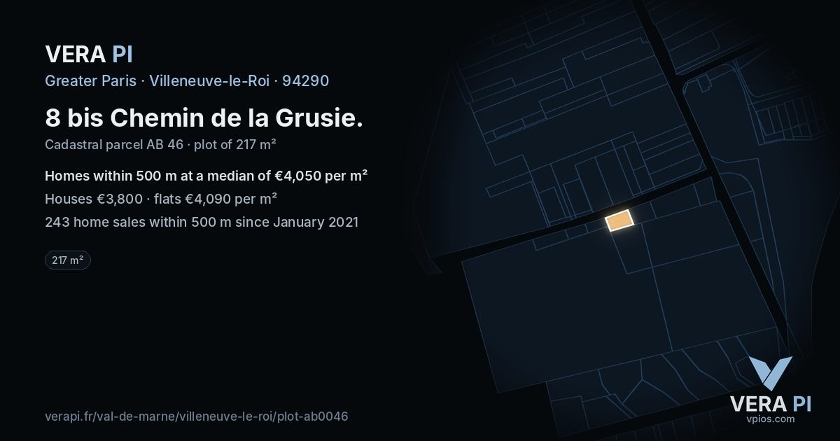 8 bis Chemin de la Grusie, Villeneuve-le-Roi at night – the plot lit, the parcels around coloured by the prices near them