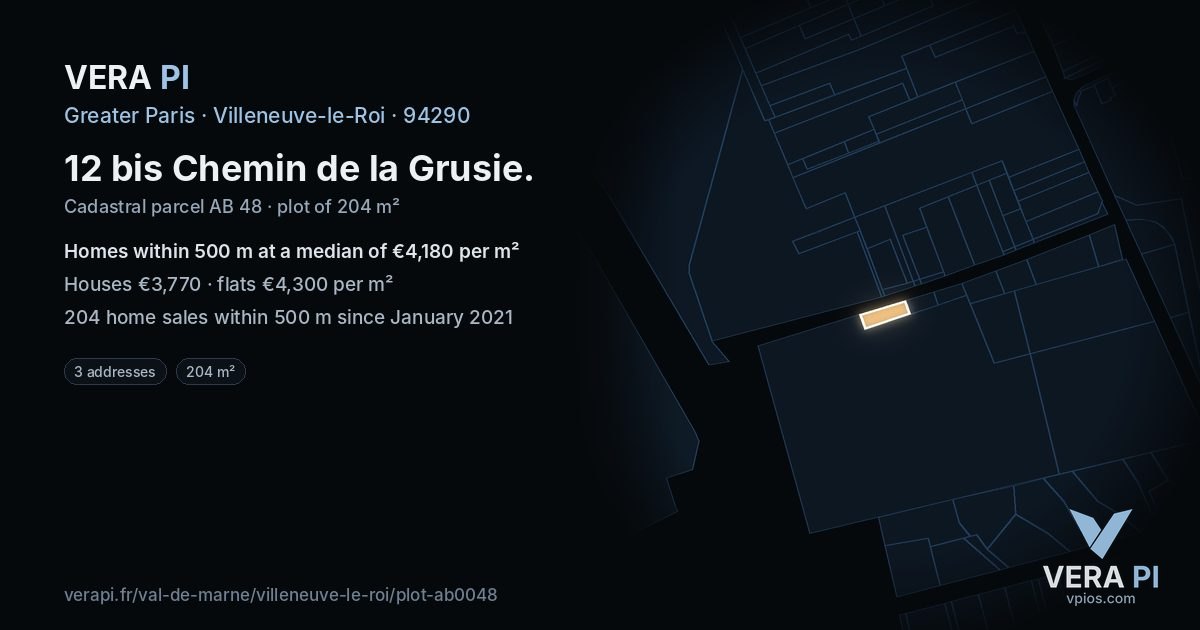 12 bis Chemin de la Grusie, Villeneuve-le-Roi at night – the plot lit, the parcels around coloured by the prices near them
