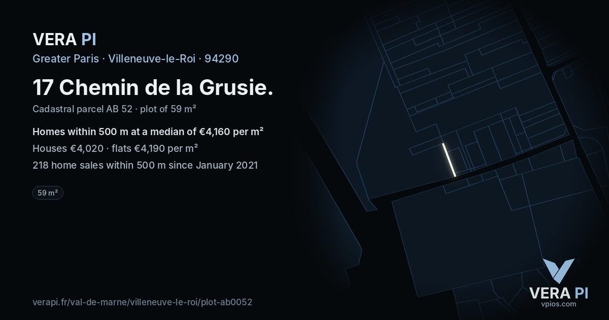 17 Chemin de la Grusie, Villeneuve-le-Roi at night – the plot lit, the parcels around coloured by the prices near them