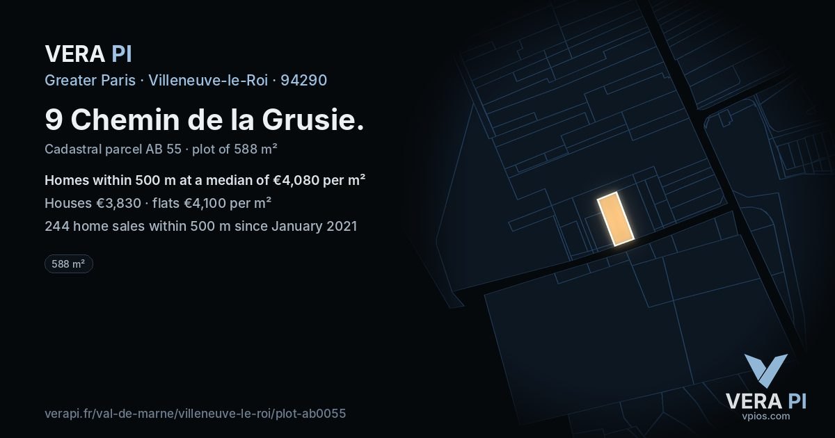 9 Chemin de la Grusie, Villeneuve-le-Roi at night – the plot lit, the parcels around coloured by the prices near them