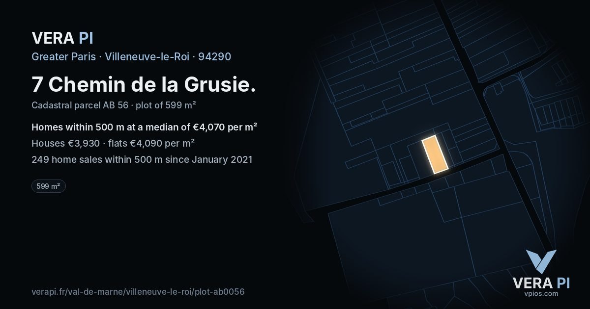 7 Chemin de la Grusie, Villeneuve-le-Roi at night – the plot lit, the parcels around coloured by the prices near them