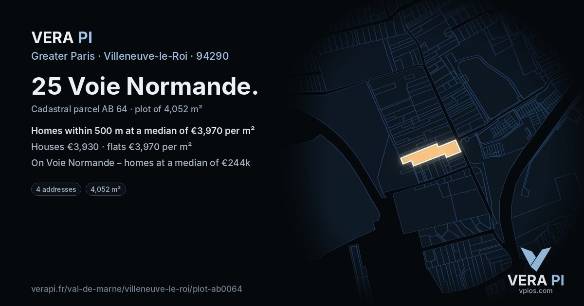 25 Voie Normande, Villeneuve-le-Roi at night – the plot lit, the parcels around coloured by the prices near them