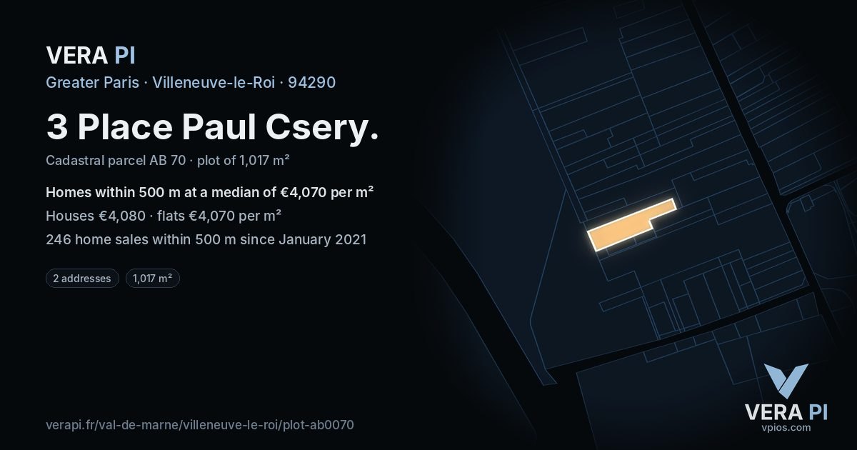 3 Place Paul Csery, Villeneuve-le-Roi at night – the plot lit, the parcels around coloured by the prices near them