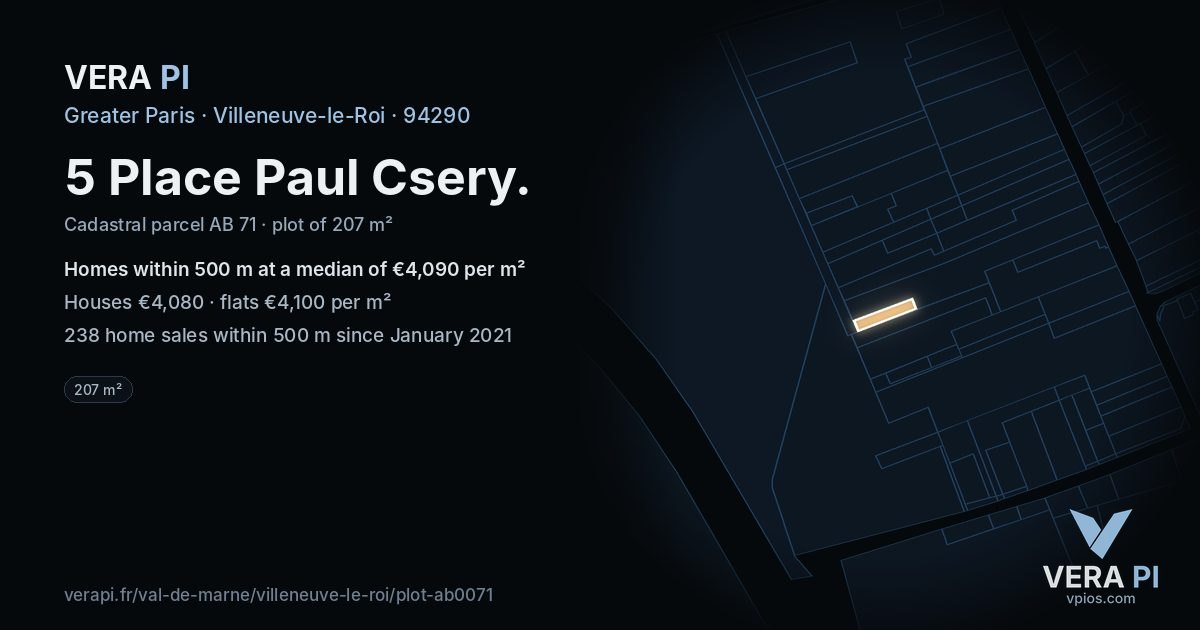 5 Place Paul Csery, Villeneuve-le-Roi at night – the plot lit, the parcels around coloured by the prices near them