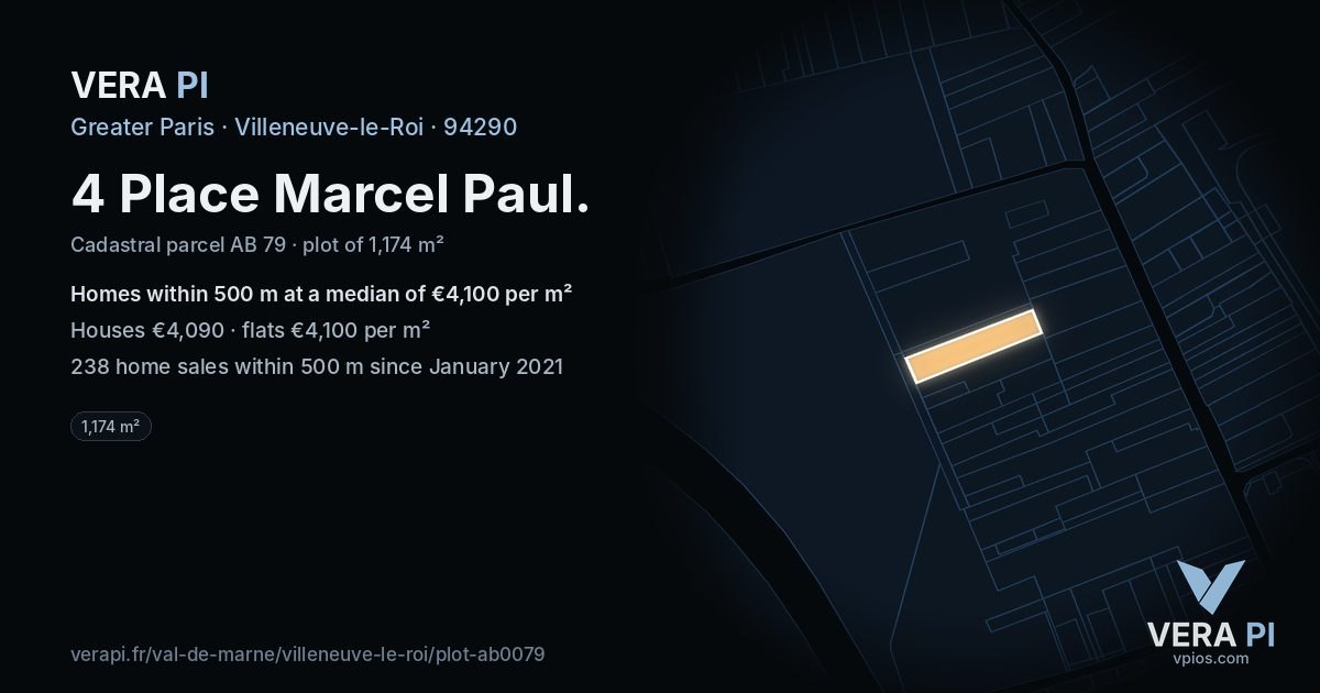 4 Place Marcel Paul, Villeneuve-le-Roi at night – the plot lit, the parcels around coloured by the prices near them