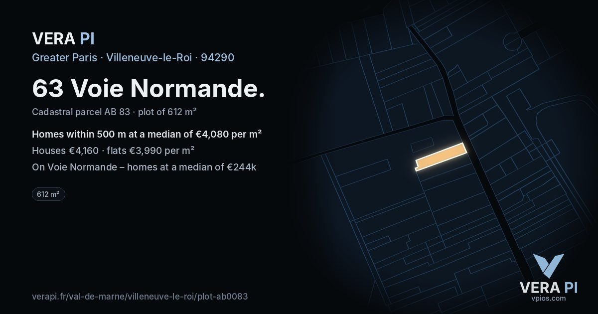 63 Voie Normande, Villeneuve-le-Roi at night – the plot lit, the parcels around coloured by the prices near them