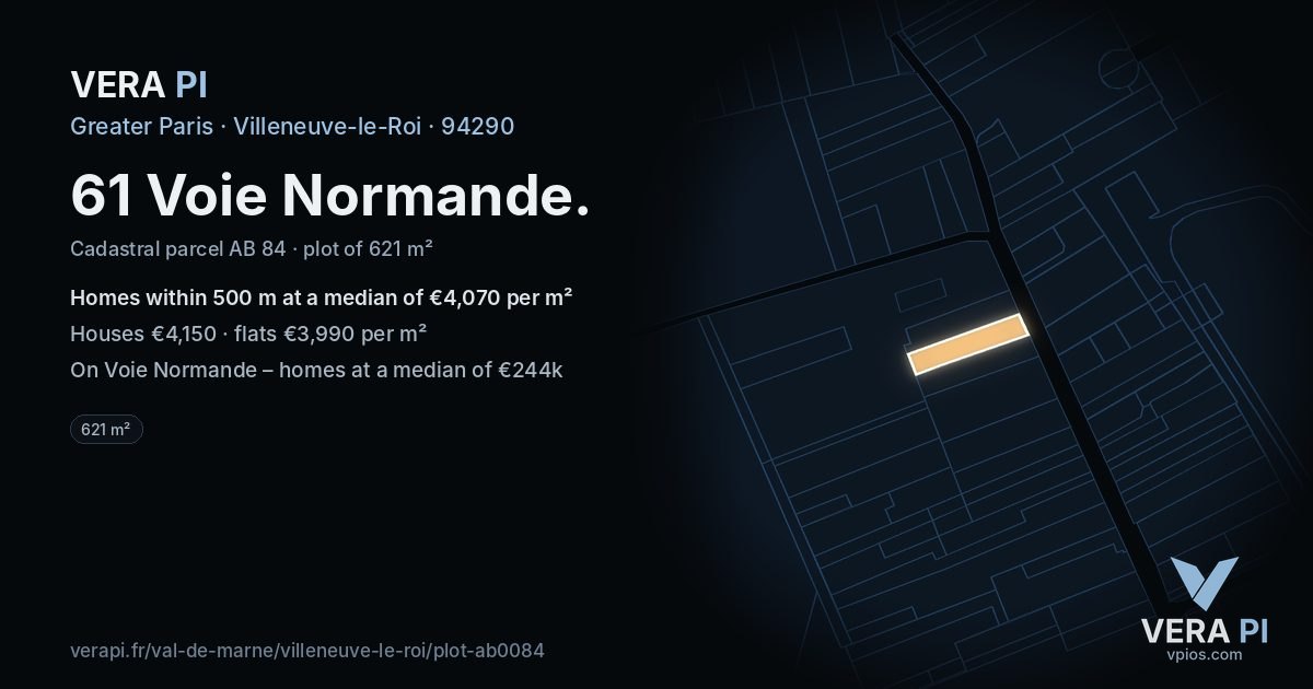 61 Voie Normande, Villeneuve-le-Roi at night – the plot lit, the parcels around coloured by the prices near them