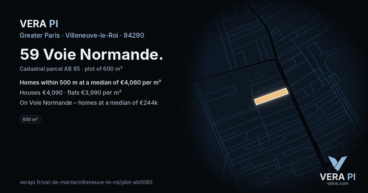 59 Voie Normande, Villeneuve-le-Roi at night – the plot lit, the parcels around coloured by the prices near them