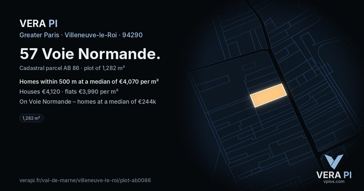 57 Voie Normande, Villeneuve-le-Roi at night – the plot lit, the parcels around coloured by the prices near them