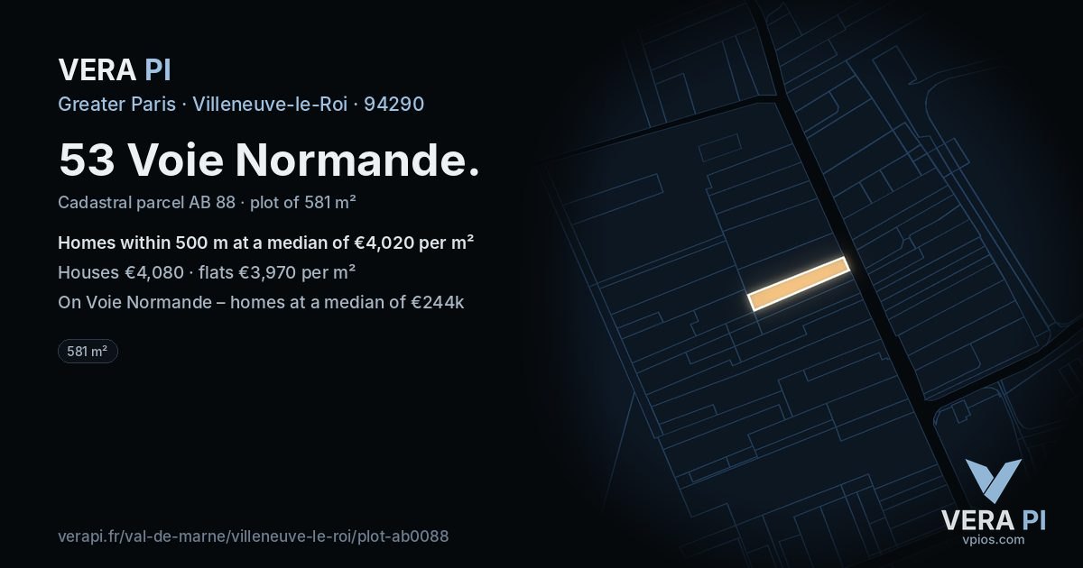 53 Voie Normande, Villeneuve-le-Roi at night – the plot lit, the parcels around coloured by the prices near them