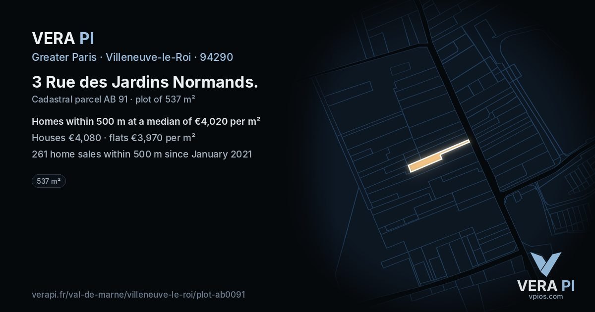 3 Rue des Jardins Normands, Villeneuve-le-Roi at night – the plot lit, the parcels around coloured by the prices near them