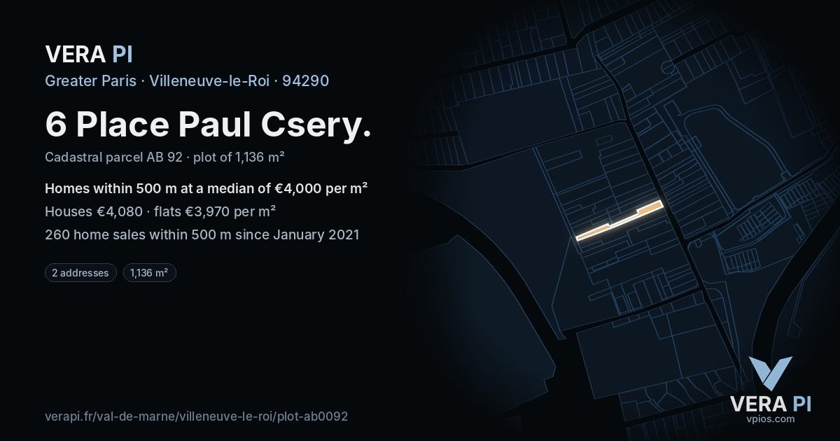 6 Place Paul Csery, Villeneuve-le-Roi at night – the plot lit, the parcels around coloured by the prices near them