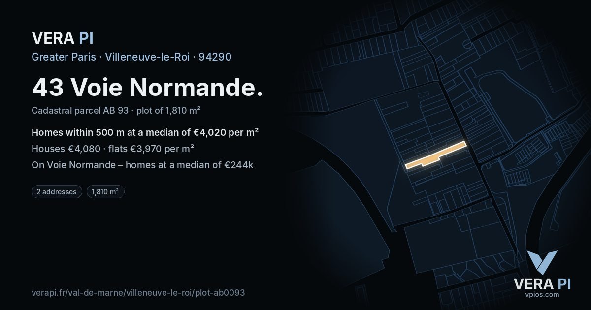 43 Voie Normande, Villeneuve-le-Roi at night – the plot lit, the parcels around coloured by the prices near them