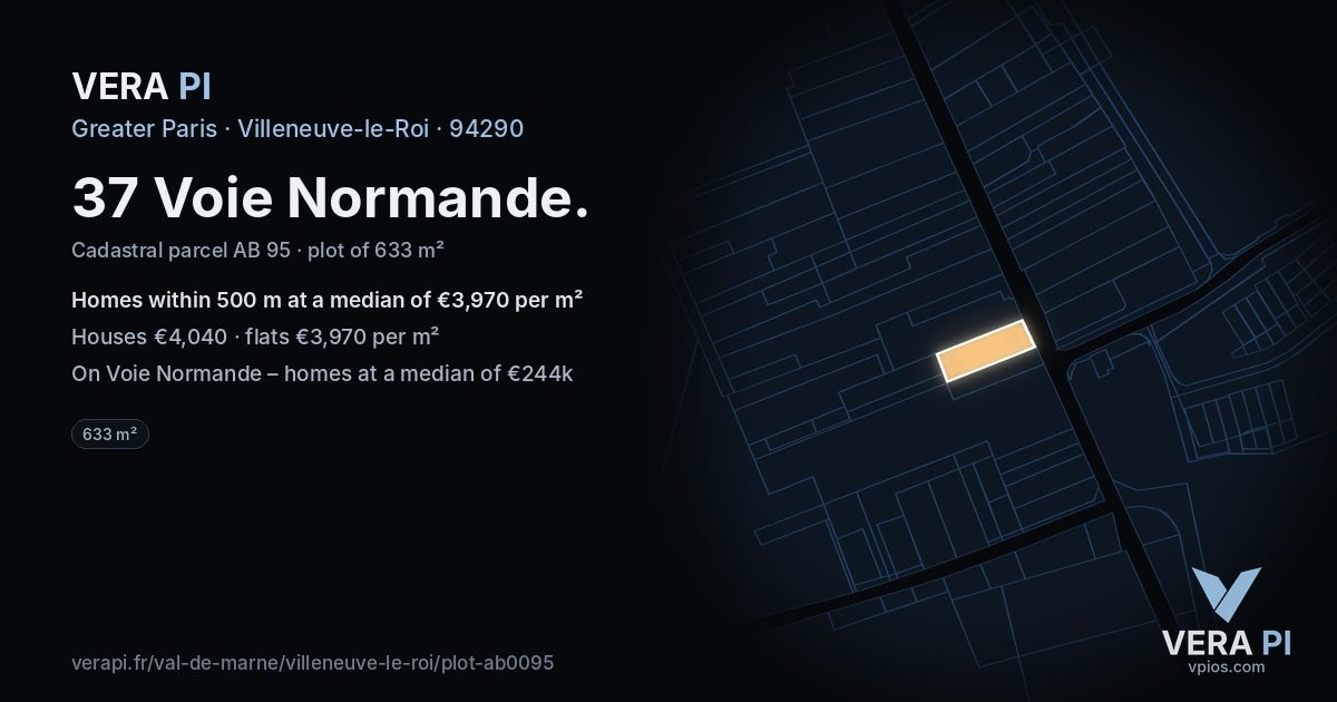 37 Voie Normande, Villeneuve-le-Roi at night – the plot lit, the parcels around coloured by the prices near them