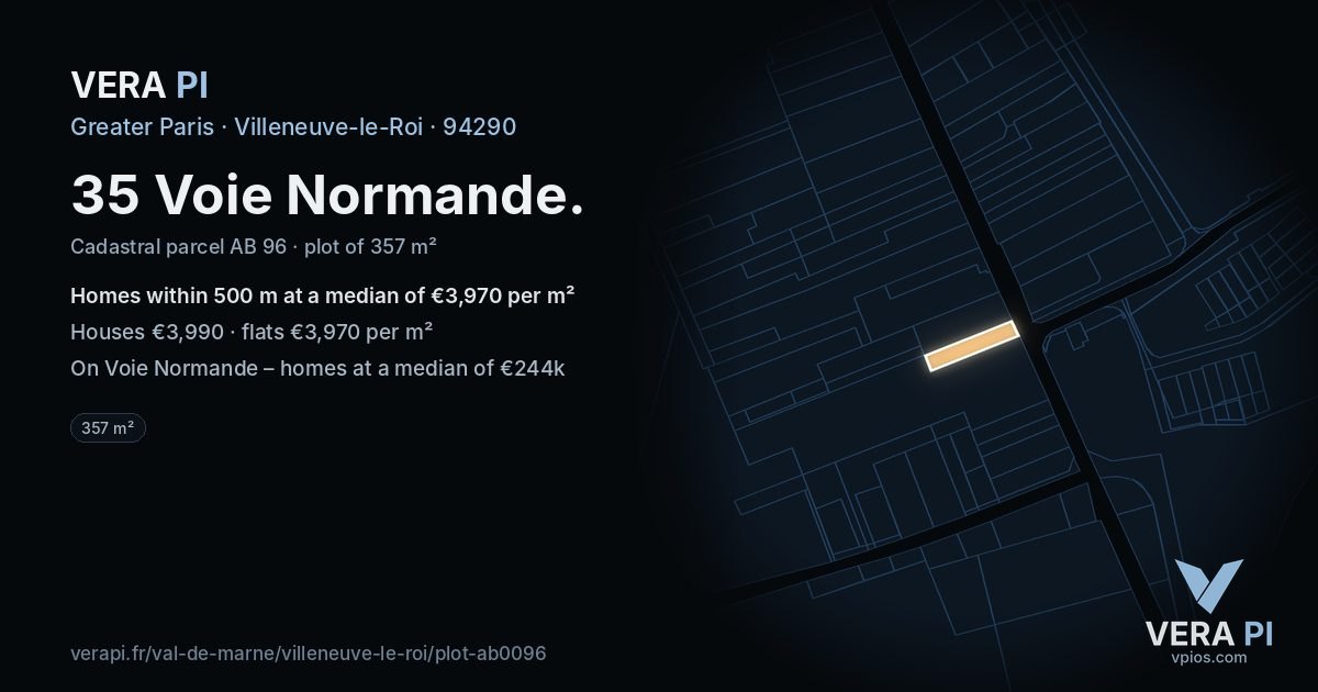 35 Voie Normande, Villeneuve-le-Roi at night – the plot lit, the parcels around coloured by the prices near them