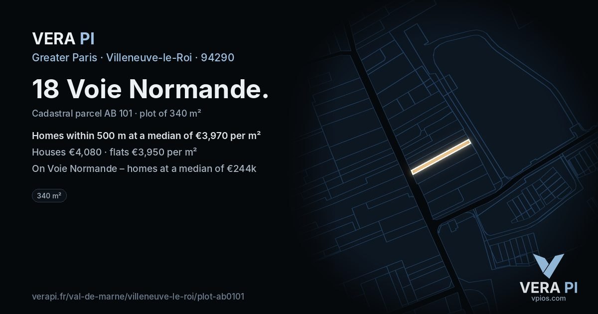 18 Voie Normande, Villeneuve-le-Roi at night – the plot lit, the parcels around coloured by the prices near them