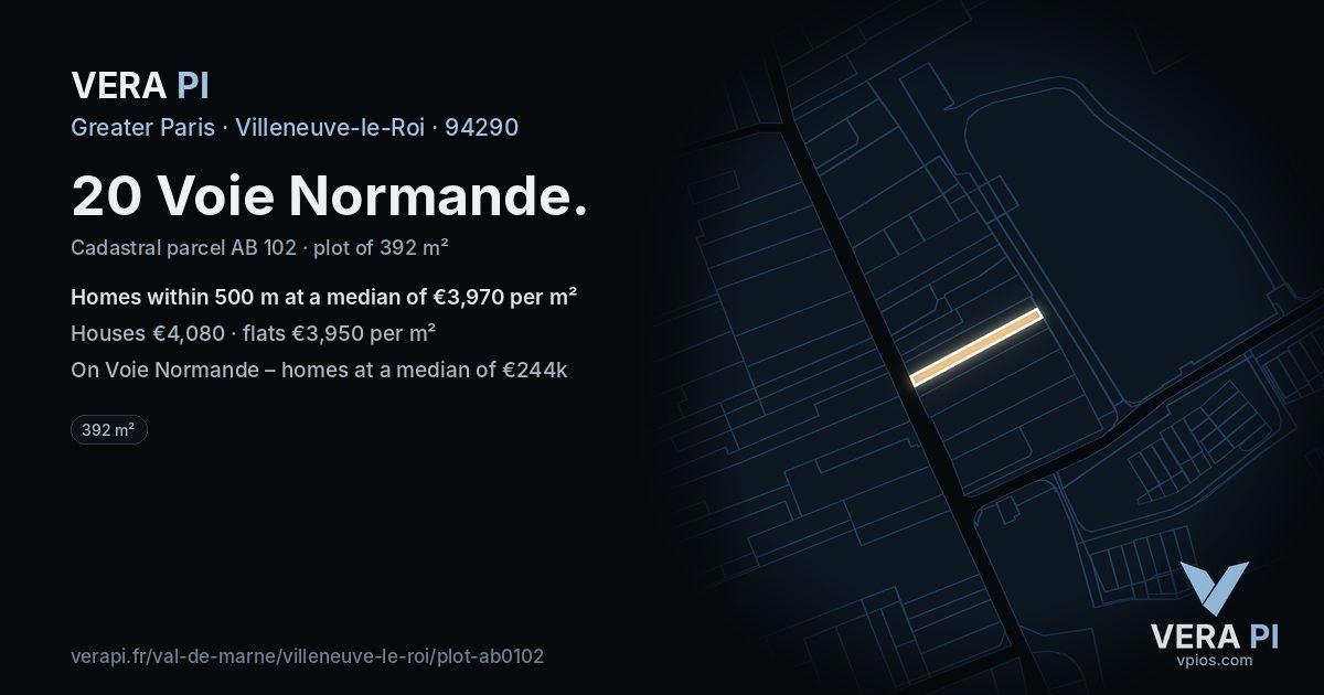 20 Voie Normande, Villeneuve-le-Roi at night – the plot lit, the parcels around coloured by the prices near them
