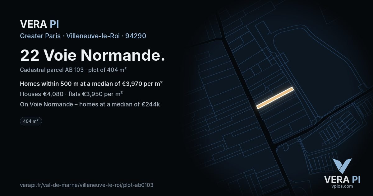 22 Voie Normande, Villeneuve-le-Roi at night – the plot lit, the parcels around coloured by the prices near them