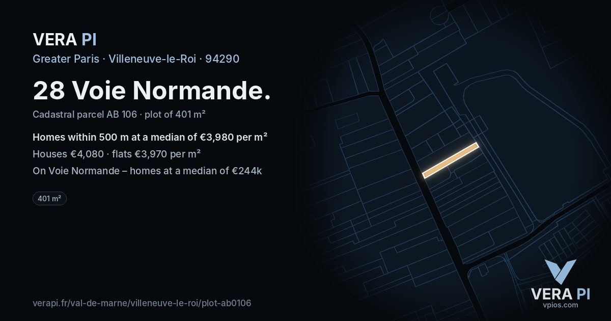 28 Voie Normande, Villeneuve-le-Roi at night – the plot lit, the parcels around coloured by the prices near them