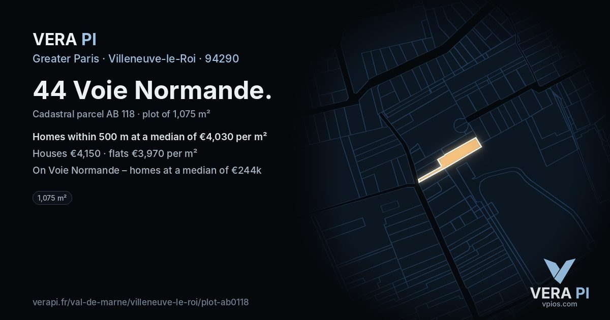 44 Voie Normande, Villeneuve-le-Roi at night – the plot lit, the parcels around coloured by the prices near them
