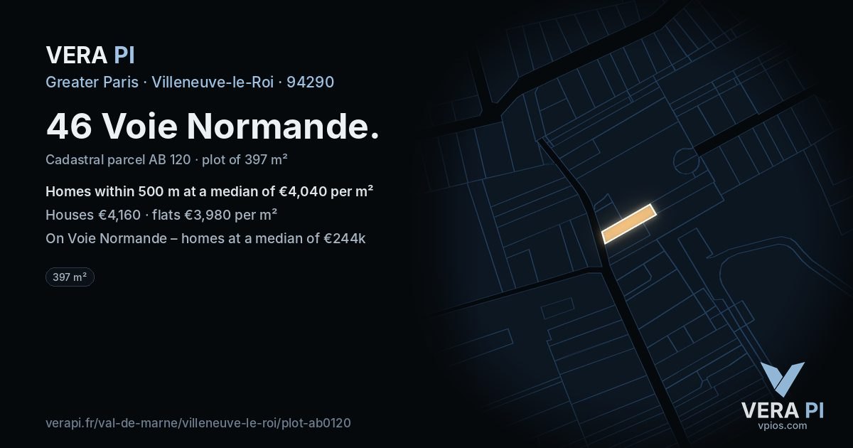 46 Voie Normande, Villeneuve-le-Roi at night – the plot lit, the parcels around coloured by the prices near them