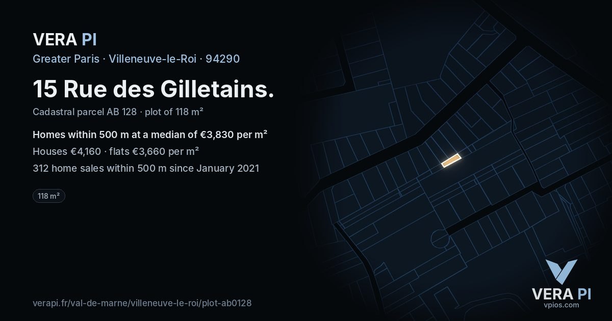 15 Rue des Gilletains, Villeneuve-le-Roi at night – the plot lit, the parcels around coloured by the prices near them