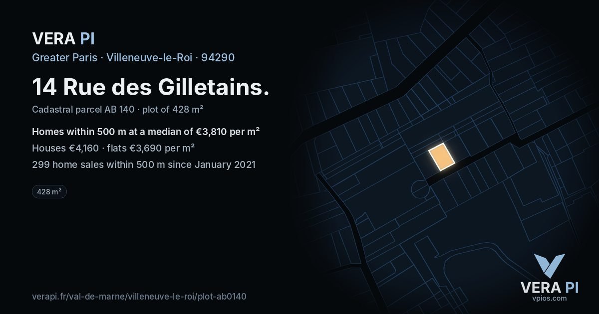 14 Rue des Gilletains, Villeneuve-le-Roi at night – the plot lit, the parcels around coloured by the prices near them
