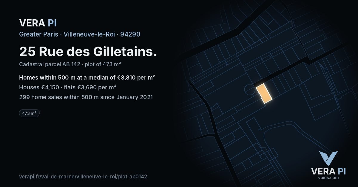 25 Rue des Gilletains, Villeneuve-le-Roi at night – the plot lit, the parcels around coloured by the prices near them