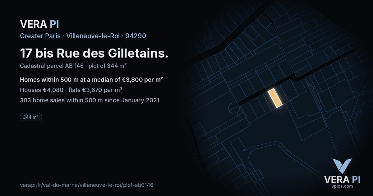 17 bis Rue des Gilletains, Villeneuve-le-Roi at night – the plot lit, the parcels around coloured by the prices near them