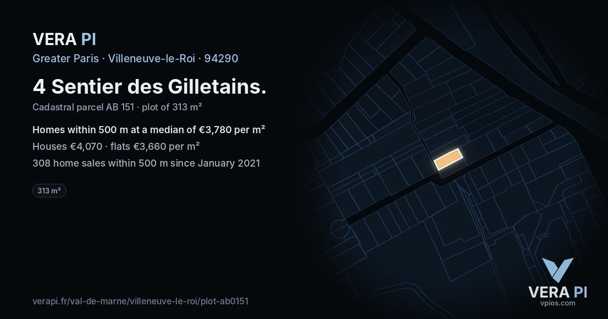 4 Sentier des Gilletains, Villeneuve-le-Roi at night – the plot lit, the parcels around coloured by the prices near them
