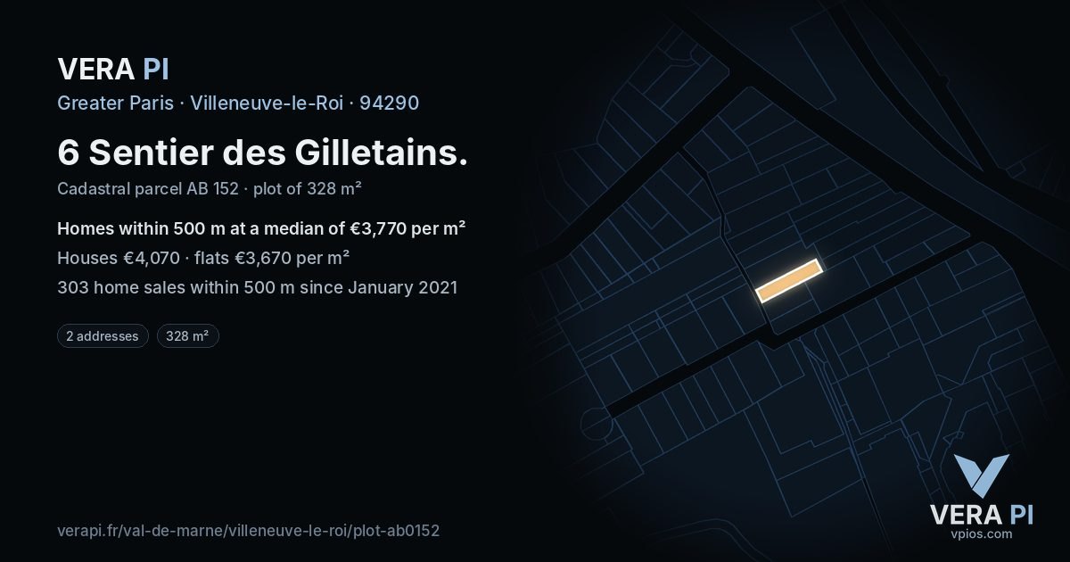 6 Sentier des Gilletains, Villeneuve-le-Roi at night – the plot lit, the parcels around coloured by the prices near them