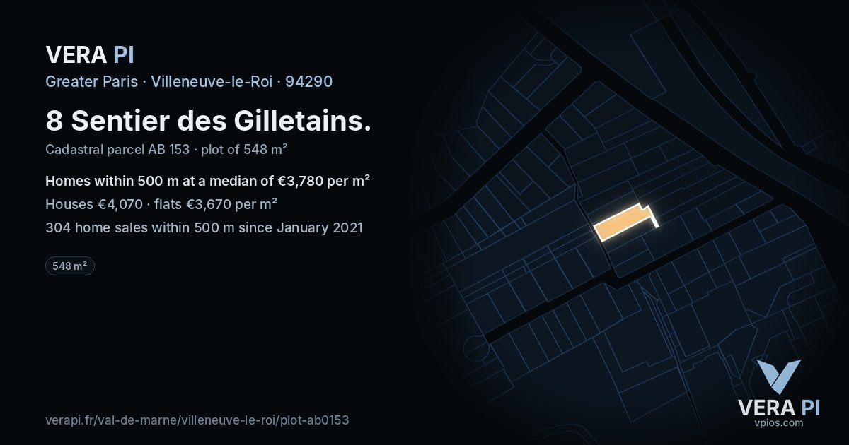 8 Sentier des Gilletains, Villeneuve-le-Roi at night – the plot lit, the parcels around coloured by the prices near them