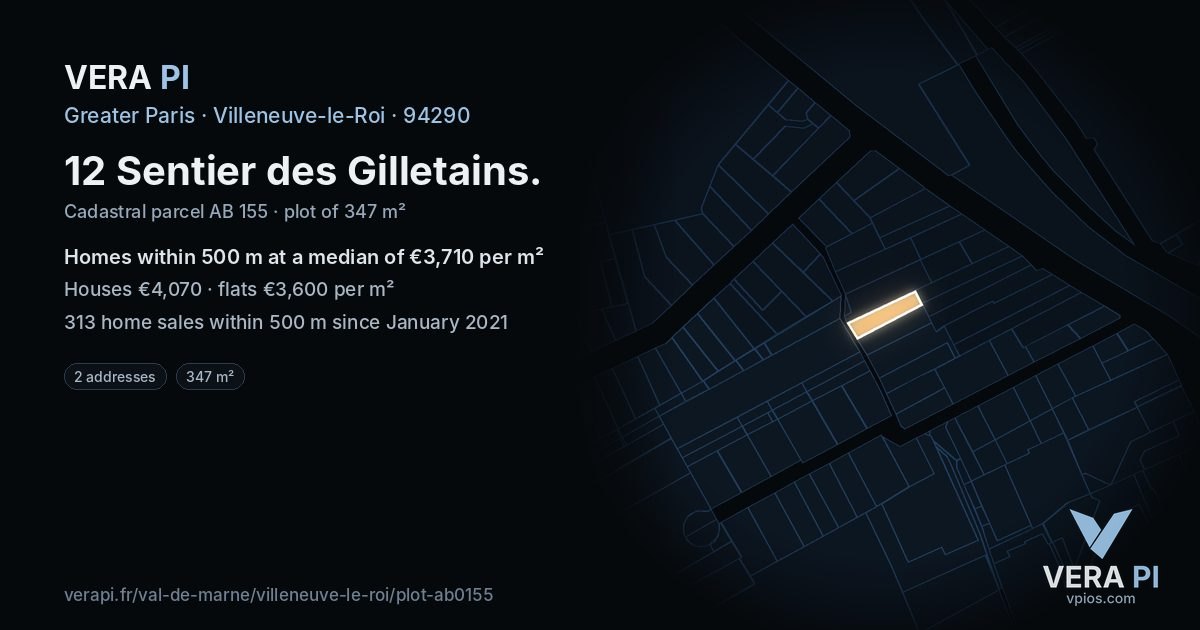 12 Sentier des Gilletains, Villeneuve-le-Roi at night – the plot lit, the parcels around coloured by the prices near them