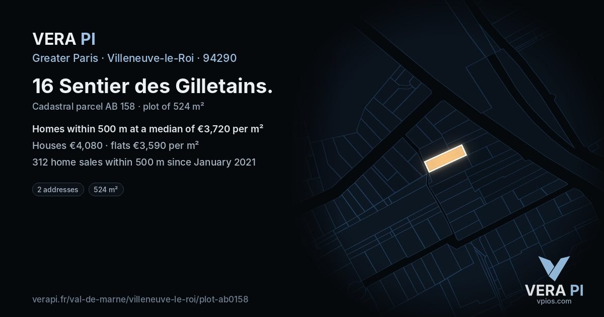 16 Sentier des Gilletains, Villeneuve-le-Roi at night – the plot lit, the parcels around coloured by the prices near them