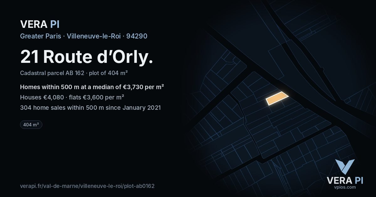 21 Route d’Orly, Villeneuve-le-Roi at night – the plot lit, the parcels around coloured by the prices near them