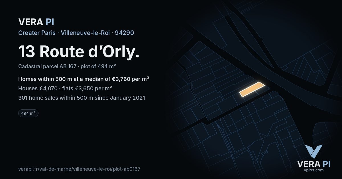 13 Route d’Orly, Villeneuve-le-Roi at night – the plot lit, the parcels around coloured by the prices near them