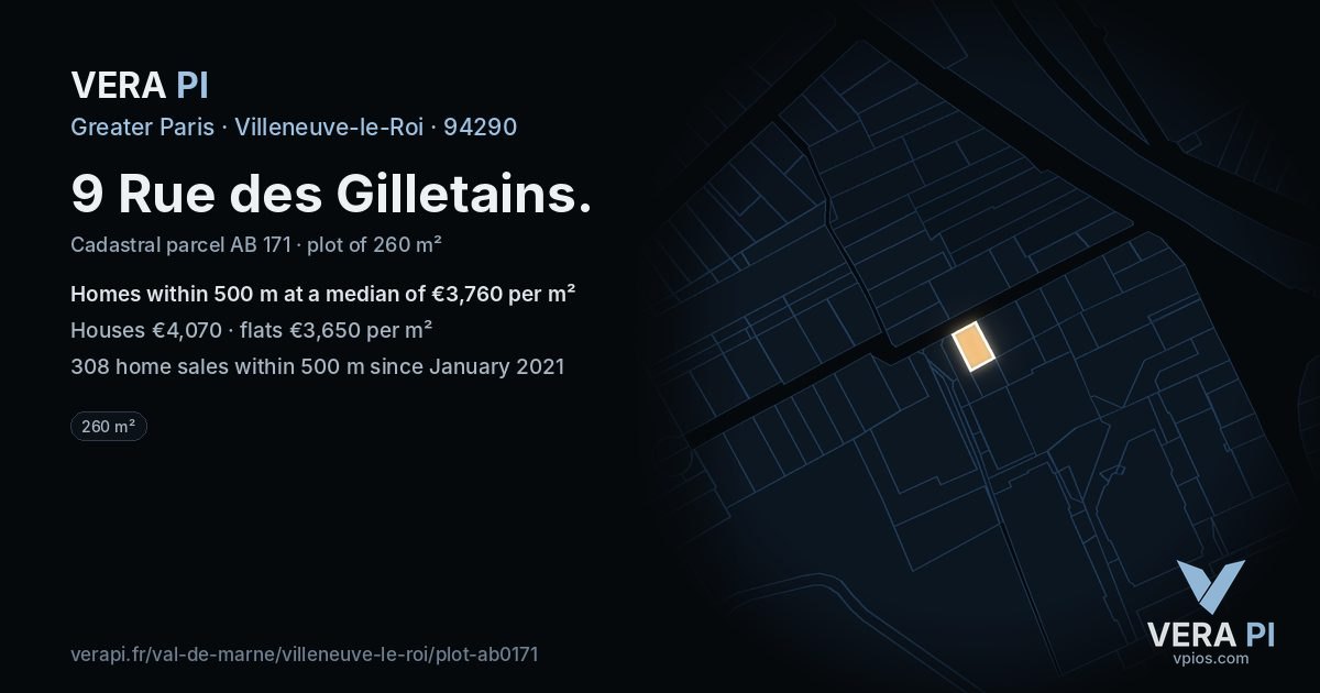 9 Rue des Gilletains, Villeneuve-le-Roi at night – the plot lit, the parcels around coloured by the prices near them