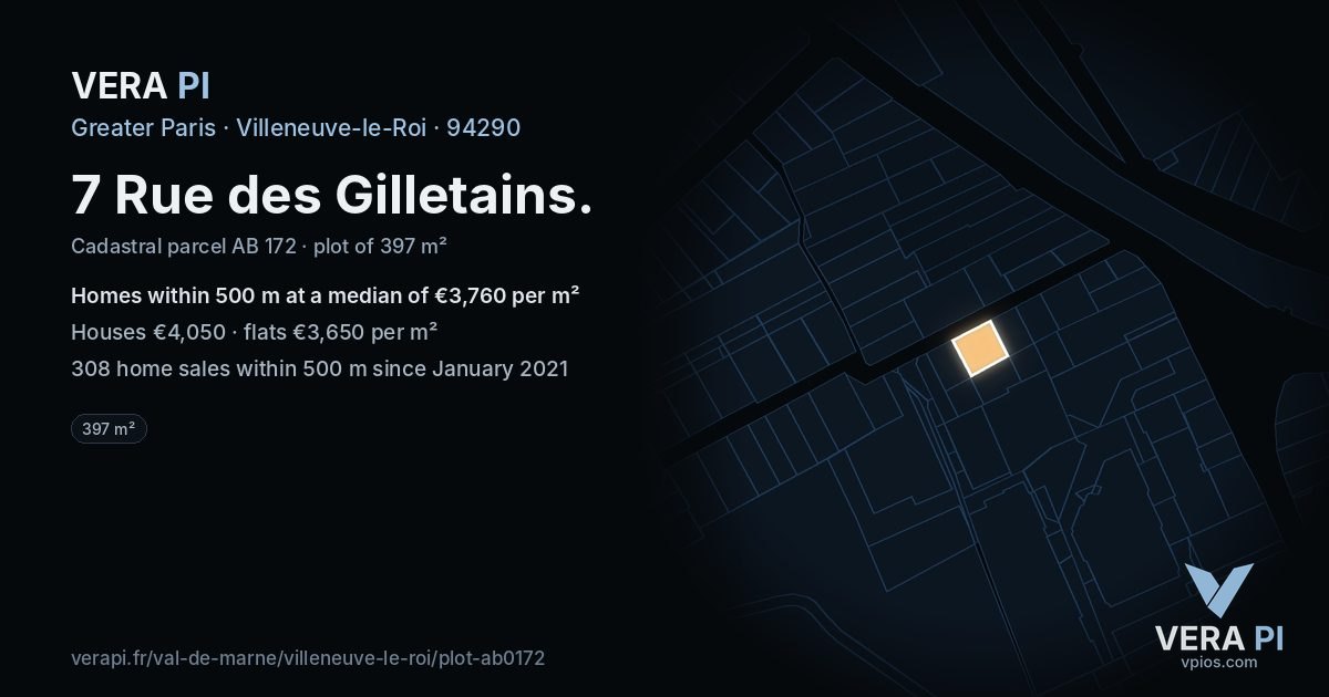 7 Rue des Gilletains, Villeneuve-le-Roi at night – the plot lit, the parcels around coloured by the prices near them