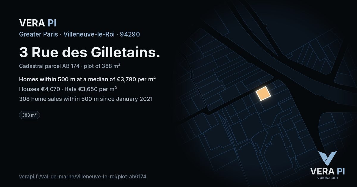 3 Rue des Gilletains, Villeneuve-le-Roi at night – the plot lit, the parcels around coloured by the prices near them