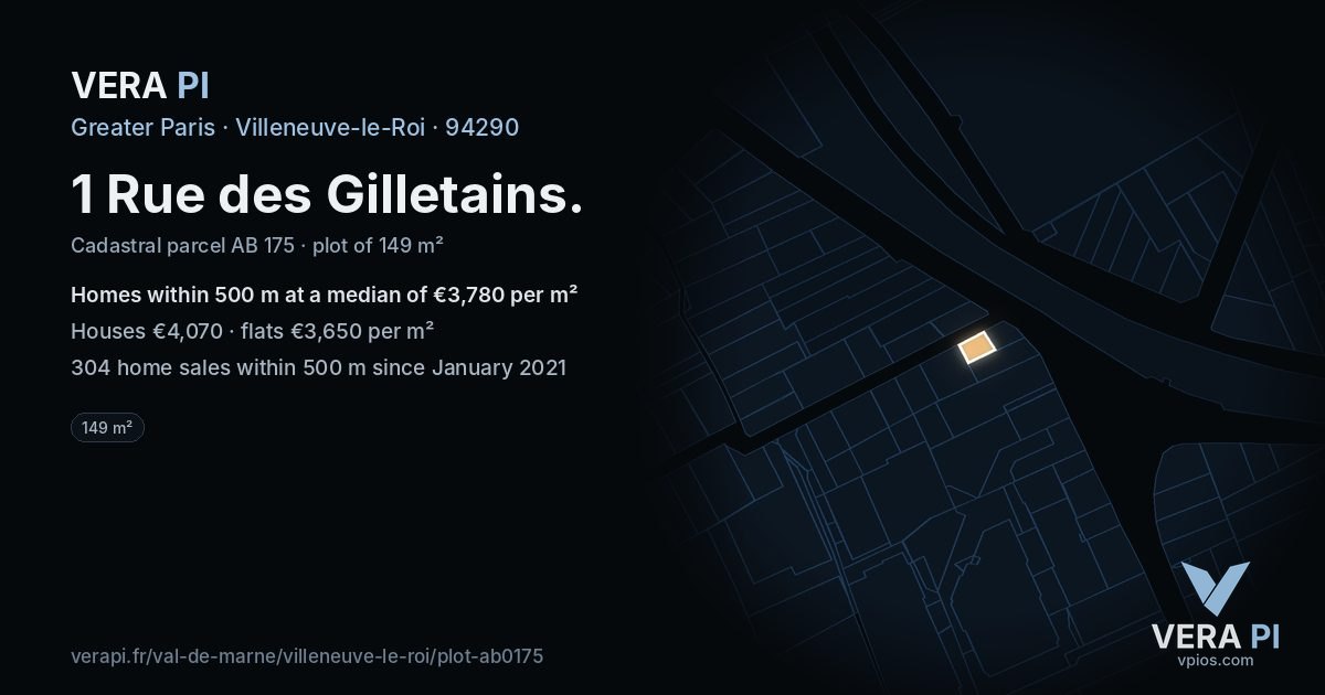 1 Rue des Gilletains, Villeneuve-le-Roi at night – the plot lit, the parcels around coloured by the prices near them