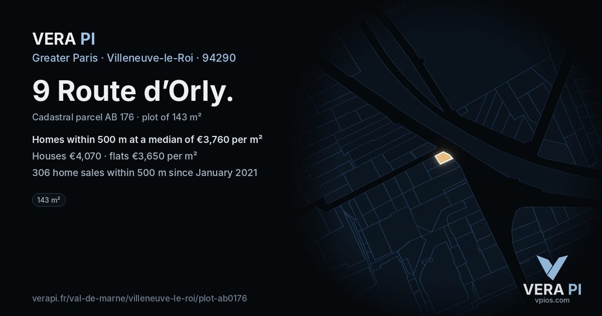 9 Route d’Orly, Villeneuve-le-Roi at night – the plot lit, the parcels around coloured by the prices near them