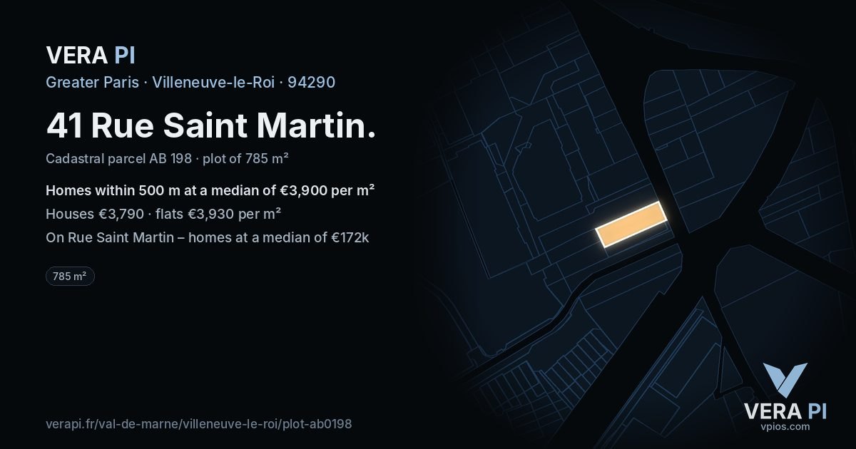 41 Rue Saint Martin, Villeneuve-le-Roi at night – the plot lit, the parcels around coloured by the prices near them