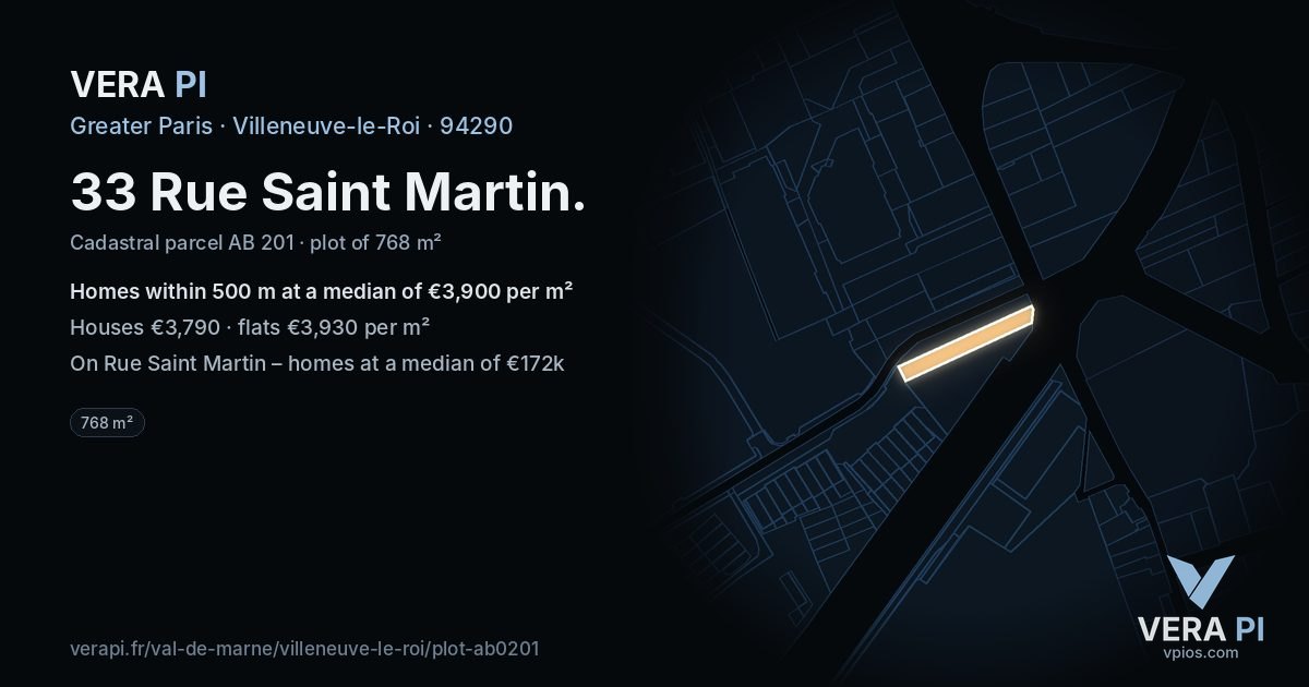 33 Rue Saint Martin, Villeneuve-le-Roi at night – the plot lit, the parcels around coloured by the prices near them
