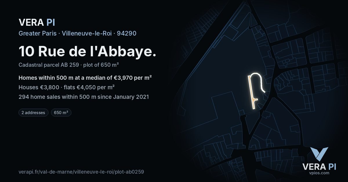 10 Rue de l'Abbaye, Villeneuve-le-Roi at night – the plot lit, the parcels around coloured by the prices near them