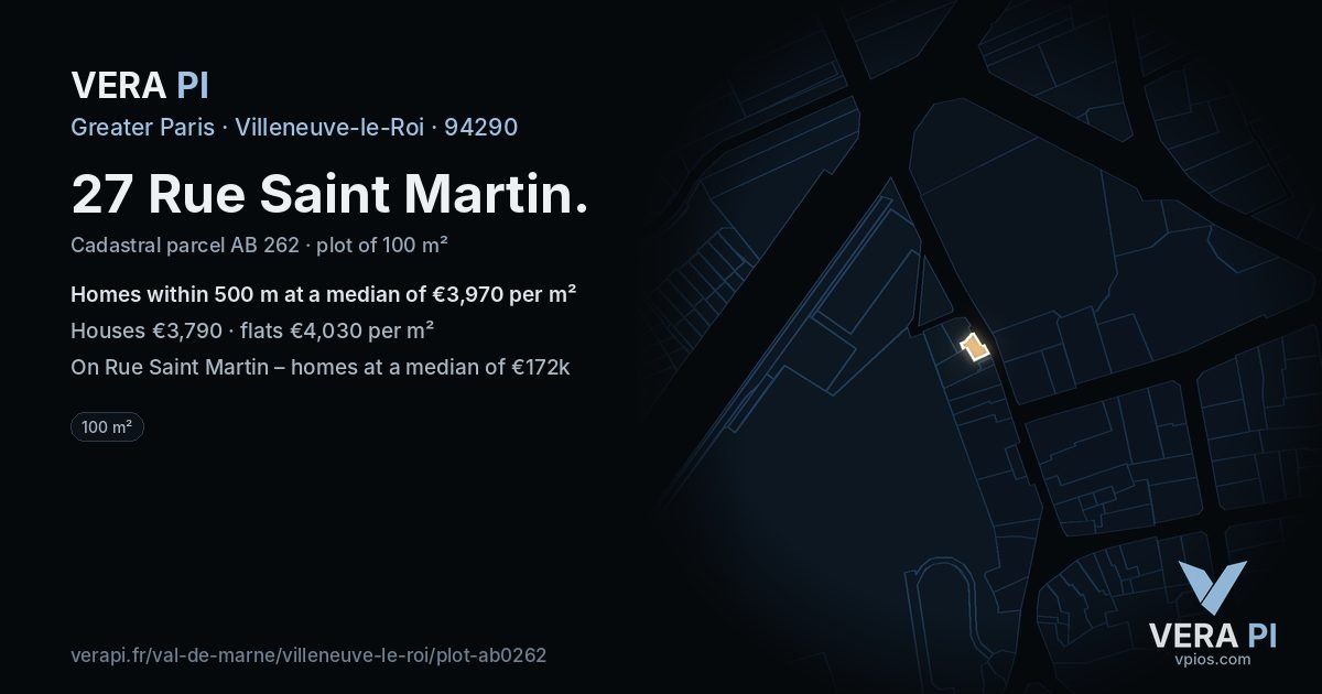 27 Rue Saint Martin, Villeneuve-le-Roi at night – the plot lit, the parcels around coloured by the prices near them