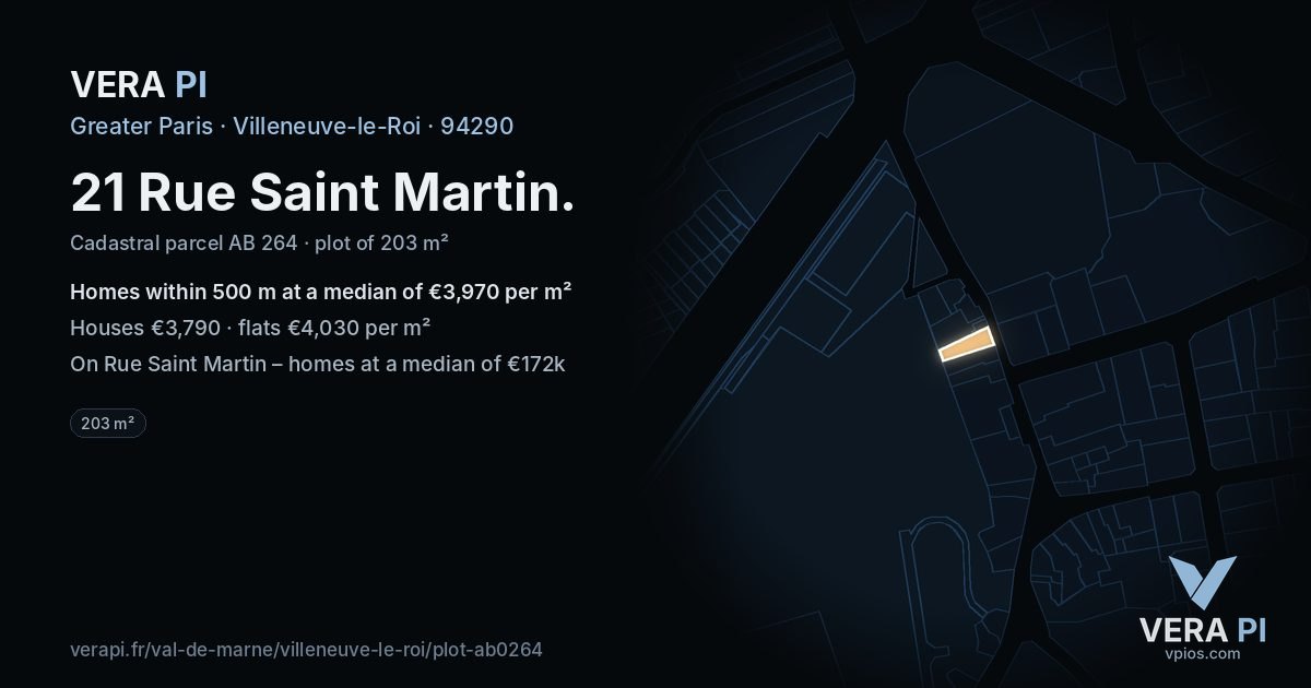 21 Rue Saint Martin, Villeneuve-le-Roi at night – the plot lit, the parcels around coloured by the prices near them