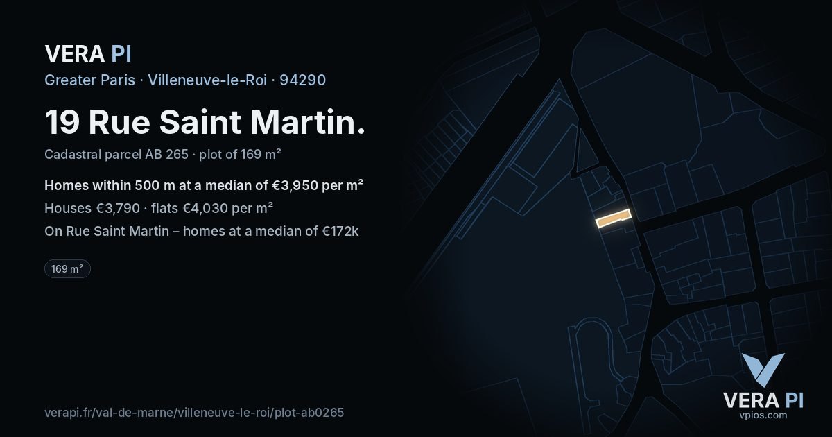 19 Rue Saint Martin, Villeneuve-le-Roi at night – the plot lit, the parcels around coloured by the prices near them